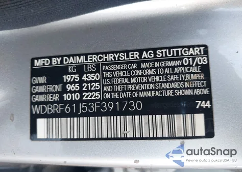 2003 Mercedes-Benz C 240 z USA, uszkodzony, nr VIN WDBRF61J53F391730